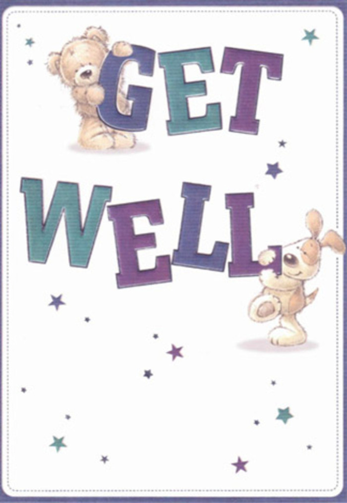 Celebrating the gentle spirit of Stockwell and its close-knit neighbourhoods, this get well card combines joyful artistry with heartfelt encouragement. Two whimsical figures-a round, soft-furred teddy bear and a floppy-eared puppy with an adventurous glance-anchor the composition, their bodies wrapped around the bold, cheerful letters spelling 'Get Well.' The typography, shaded in reassuring purples and teals, imparts the kind of confidence you'd expect from a message crafted by an attentive Stockwell florist. All around, sprightly stars-each a tiny fleck of hope-pepper the white background, catching the eye like the twinkling city lights on Landor Road after dusk. The illustrated fur of the animals seems almost tangible, as if you could reach out and feel their soothing softness, much like the textures found in a fresh, hand-tied bouquet. The balance of childlike innocence and genuine emotional warmth within the scene feels reminiscent of gestures exchanged among friends in local parks or after school, designed to reassure and uplift. This card serves as a visual embrace, its comforting palette and playful composition radiating lightness and positivity, ideal for brightening the day of anyone recovering in Stockwell or beyond.