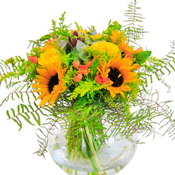 The overwhelming first impression of this bouquet is one of sunlit abundance-bright, joyful yellows and oranges cascading together, reminiscent of Stockwell's lively atmosphere on a summer's day. Sunflowers take pride of place, their soft, suede-like petals arching around dark centers, each bloom embodying the optimism found in local gardens beside Stockwell Green. Nestled alongside, garden roses unfurl in buttery spirals, their plush petals promising the gentle fragrance of late summer. Red Hypericum berries glisten like little lanterns among the rich foliage, their glossy skins contrasting with the matte softness of rose and sunflower. The arrangement is woven with layers of greenery-wispy fern fronds that seem to sway in a gentle breeze, filigree sprigs of goldenrod, and elegant eucalyptus leaves trailing at the edges, infusing a cool undertone. All are anchored in a crystal-clear glass vase, its round shape cradling the stems and amplifying the bouquet's architectural beauty. The interplay of colour and texture creates a visual and sensory feast; one can almost hear the quiet rustle of leaves and sense the promise of celebration in the air. Crafted by expert florists familiar with every corner of Stockwell, this bouquet makes an exquisite gift for marking milestones or adding a note of happiness to everyday moments within the heart of SW9.